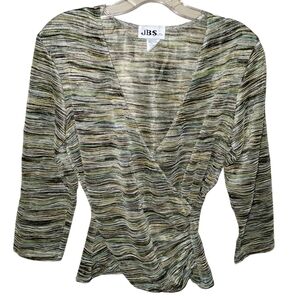 Vtg '90s Sears JBS Ltd Blouse M Stripe V- Neck Polyester Green Multi